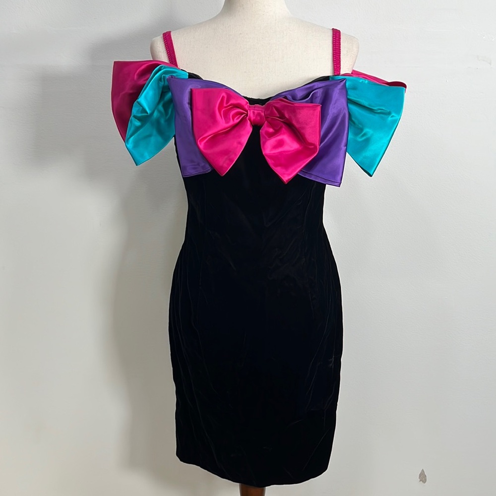 Vintage Mini Dress Velvet Cocktail Party Formal Coquette Bow Size 9/10